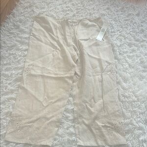 Embroidered Linen-Blend Wide Leg Pants — Cream